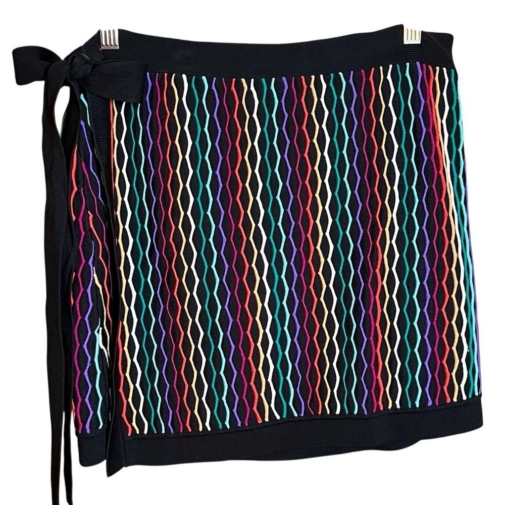 Revolve NBD Sweater Knit Benton Wrap Mini Skirt Tie/Button Black/Multi Stripe Lg